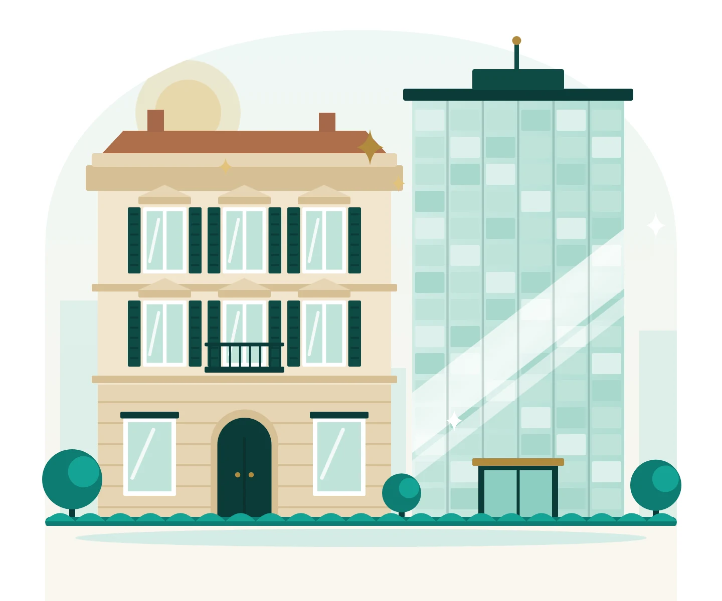 Illustrazione di un palazzo milanese e di un edificio per uffici puliti e curati