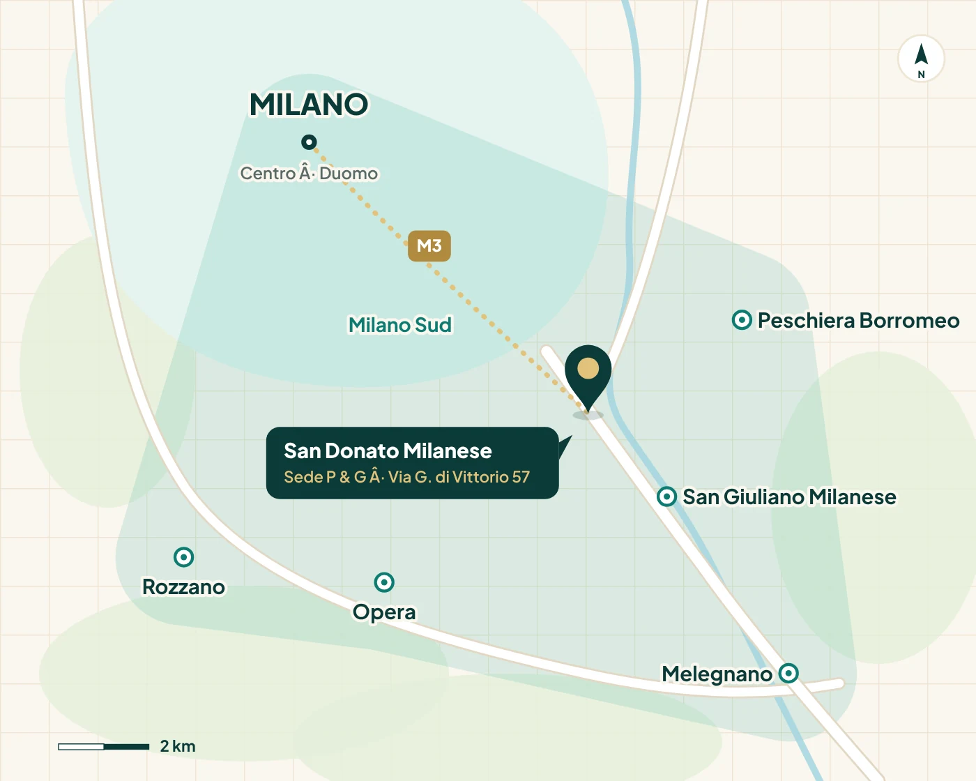 Mappa delle zone servite da P & G Cleaning Service a sud-est di Milano, con sede a San Donato Milanese